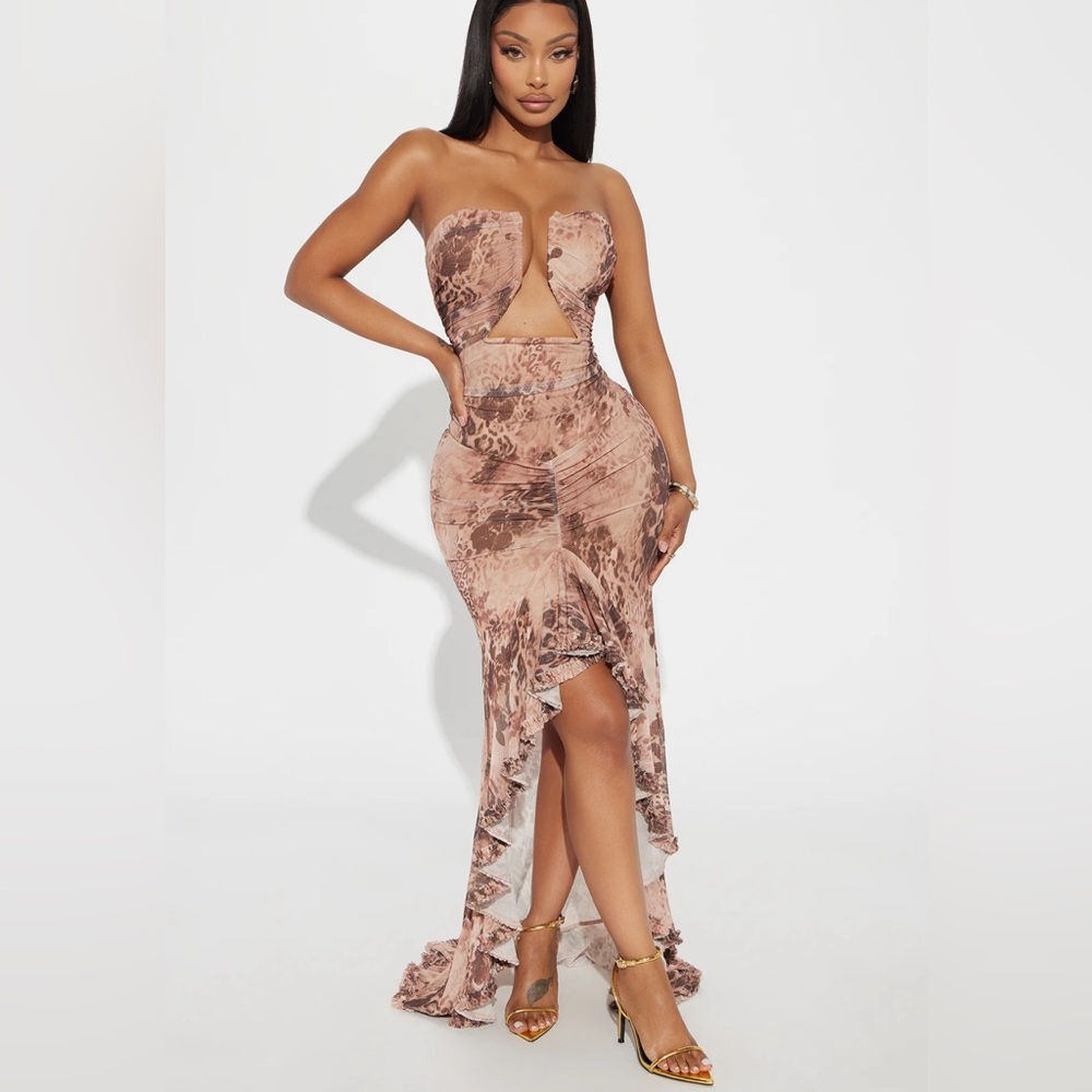 Fashion Nova Mesh Strapless High Low Midi Leopard Dress
